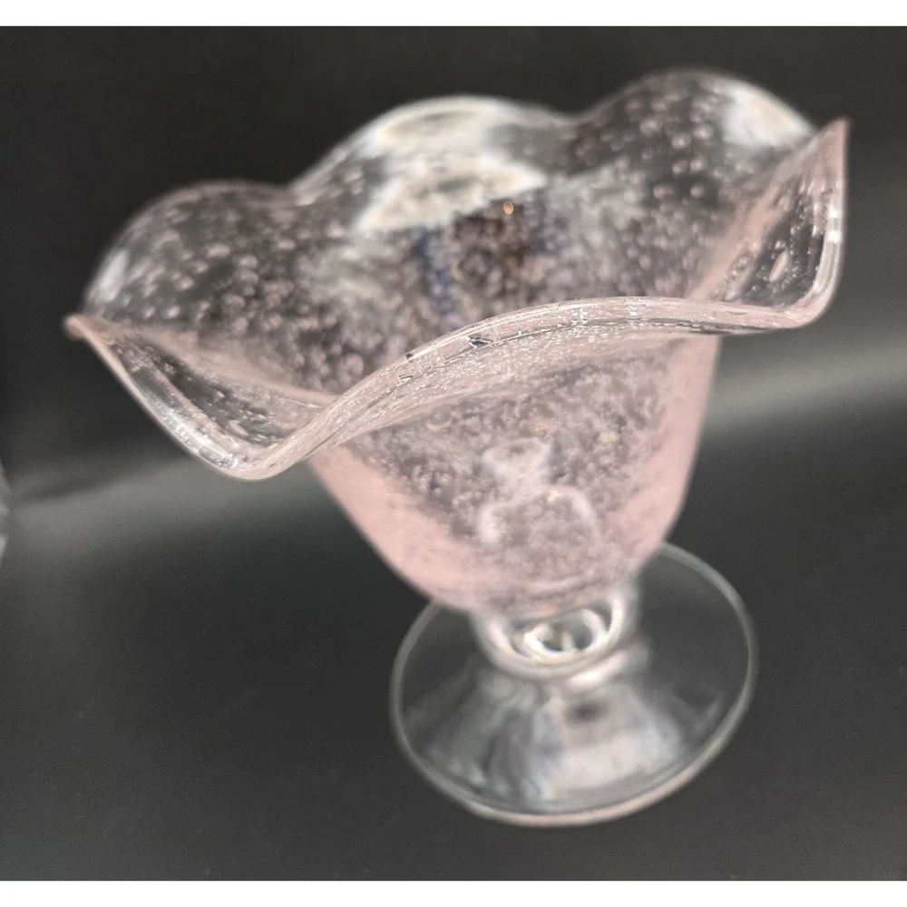 Vintage Pink Vase. Hand Blown Many Fun Bubbles Ruffled Rim